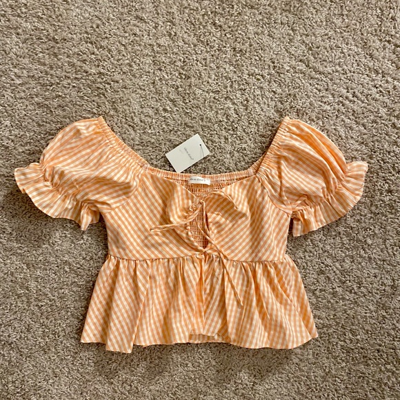 Tops - Idem Ditto Orange and White Gingham Ruffle Top